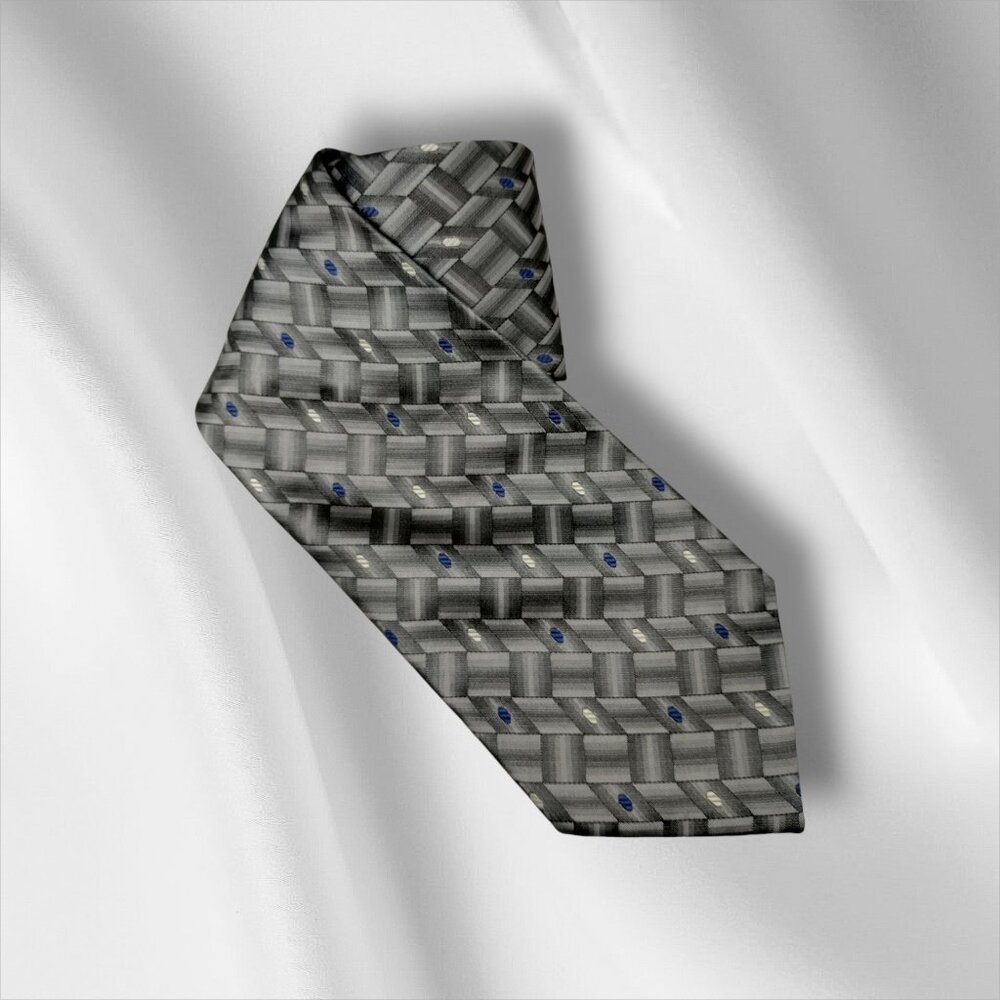 Privado Mens Vintage Gray and Blue Geometric Pattern Silk Tie